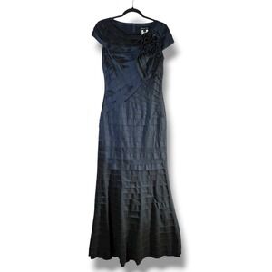 Tadashi Shoji Womens Sz 4 Blue Taffeta Rosette Shutter Pleat Gown Party Dress